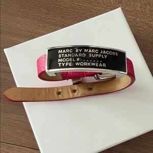 Marc by Marc Jacobs Hot Pink Leather Logo Plate Bracelet